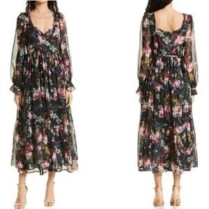 ByTiMo Dark Floral Wrap Bodice Chiffon Dress In Rose Field Size S NWOT